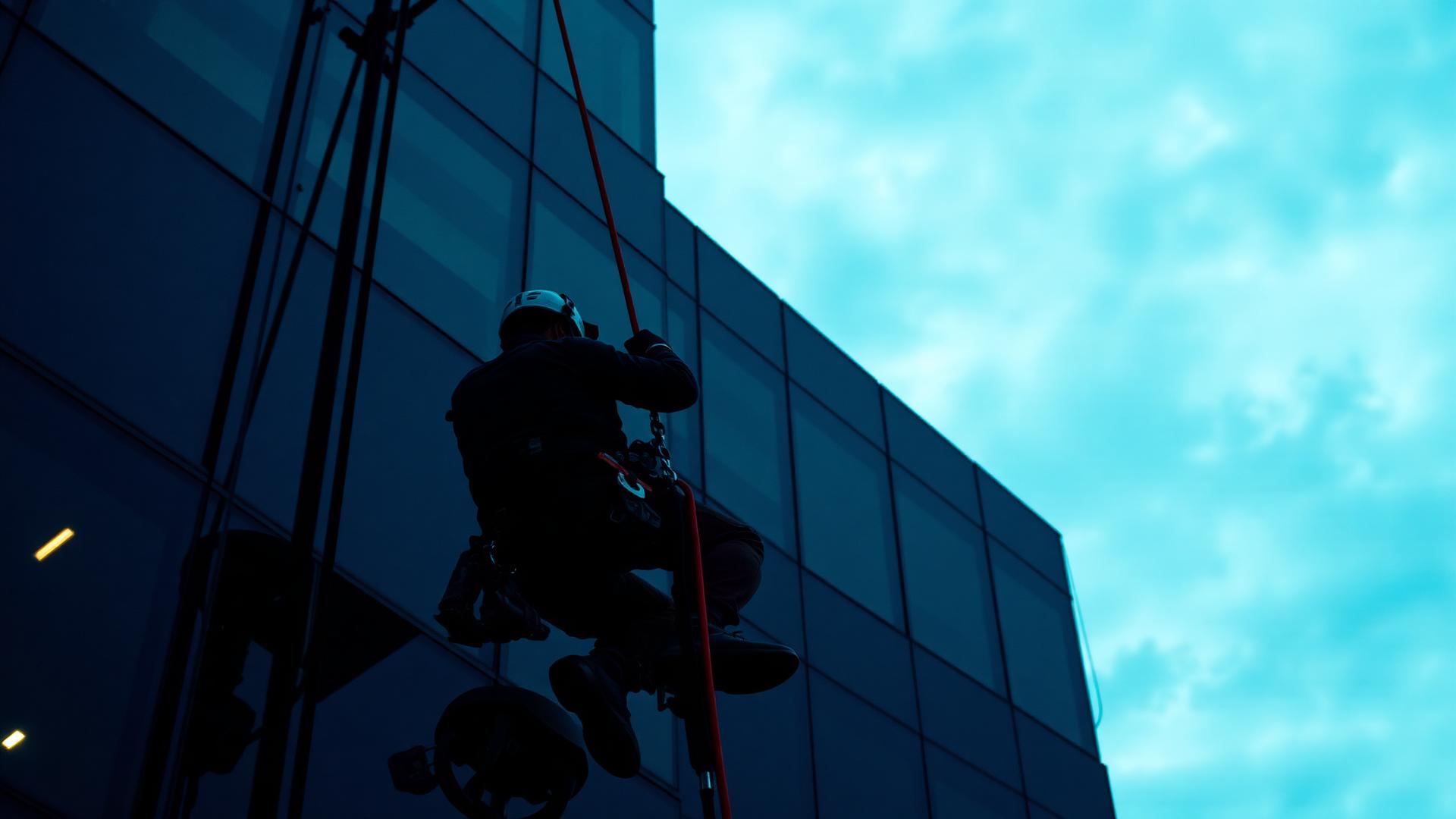 Rope access technician abseiling down a glass building at dusk